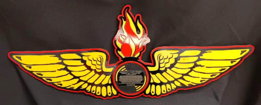 Custom award pin with yellow wings, red trim, flames, and engraved text