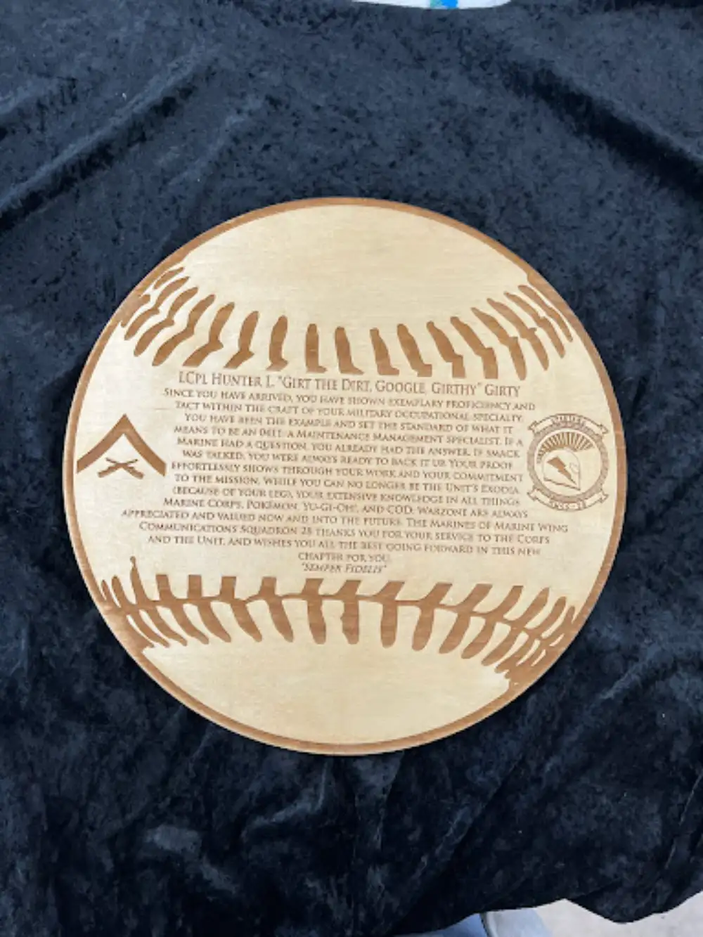 Custom baseball trophy with engraved achievement lettering