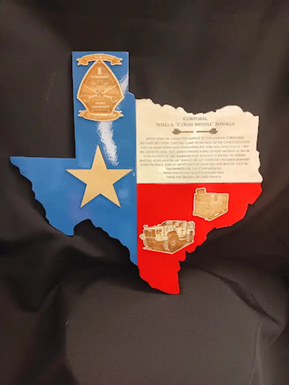 Custom Texas-shaped award with engraved recognition details