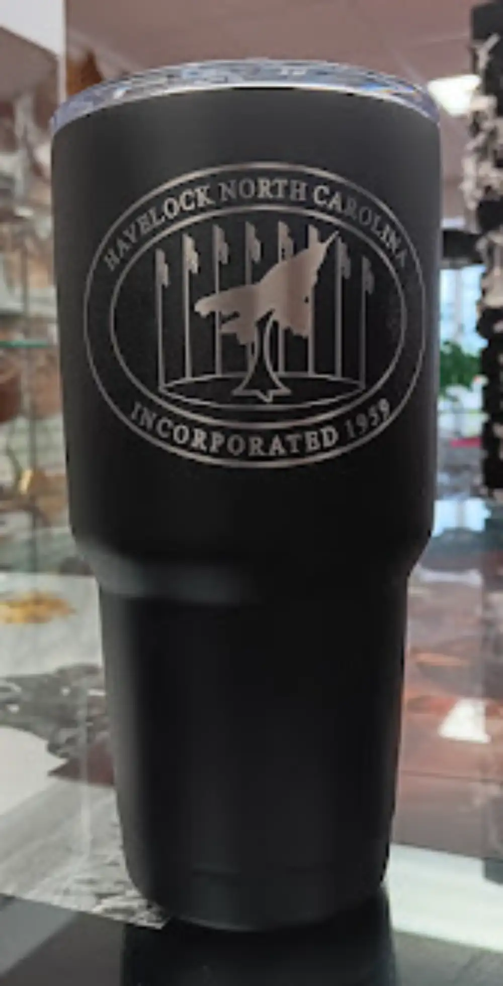 Black Stanley mug with custom silver engraved design